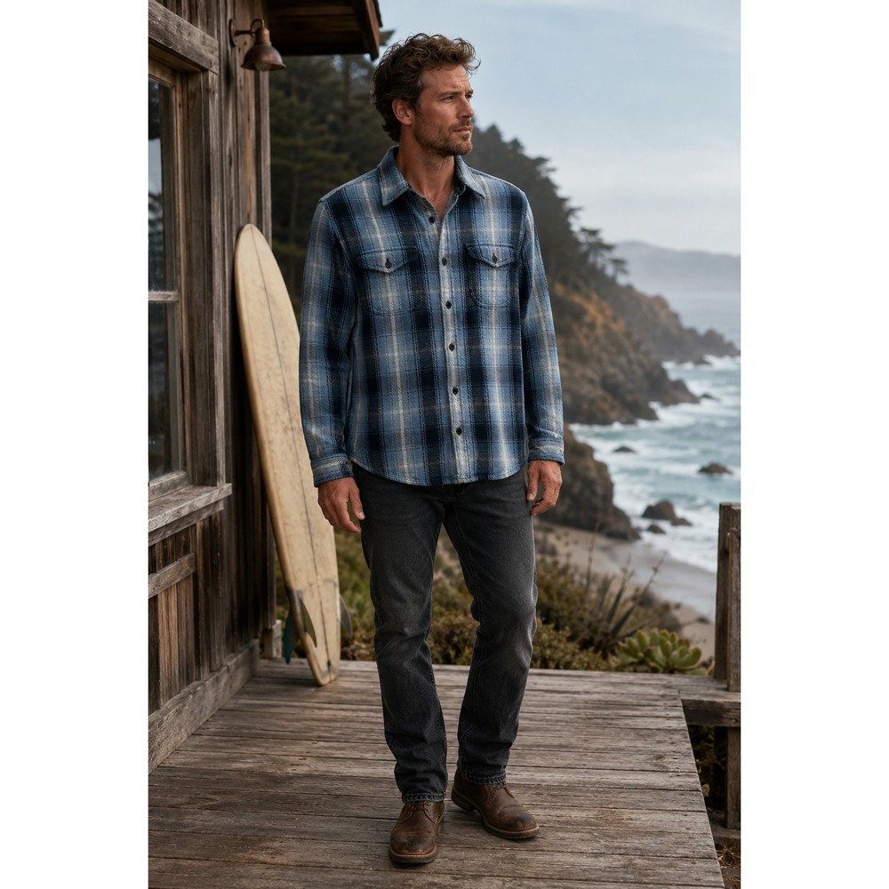 Outerknown Blanket Shirt Men's M Blue Plaid Organic Cotton Heavy Flannel